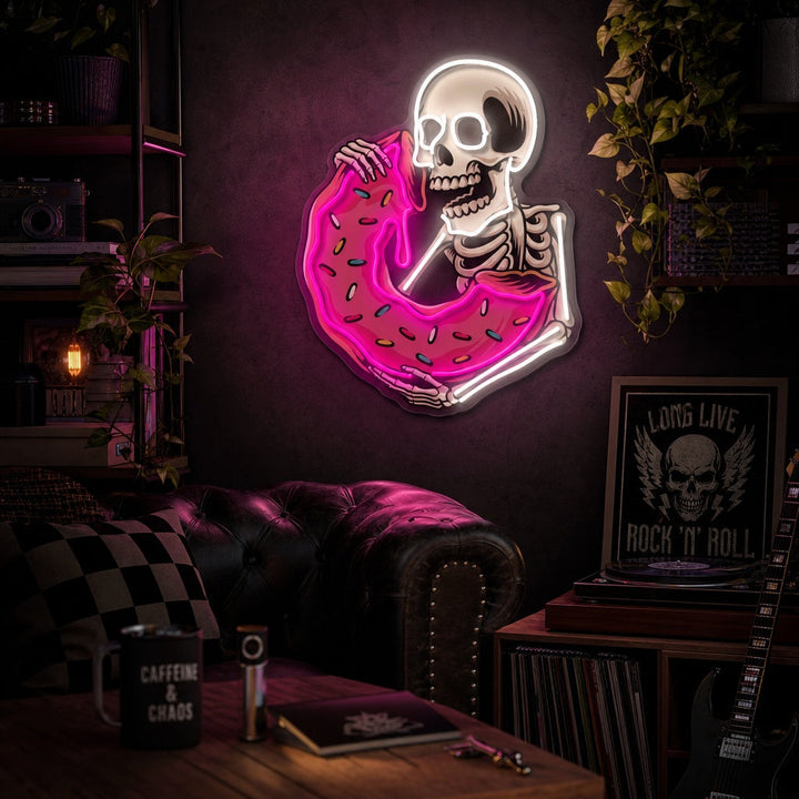 "Skalle som äter läcker munk" UV-tryckt LED-neonskylt