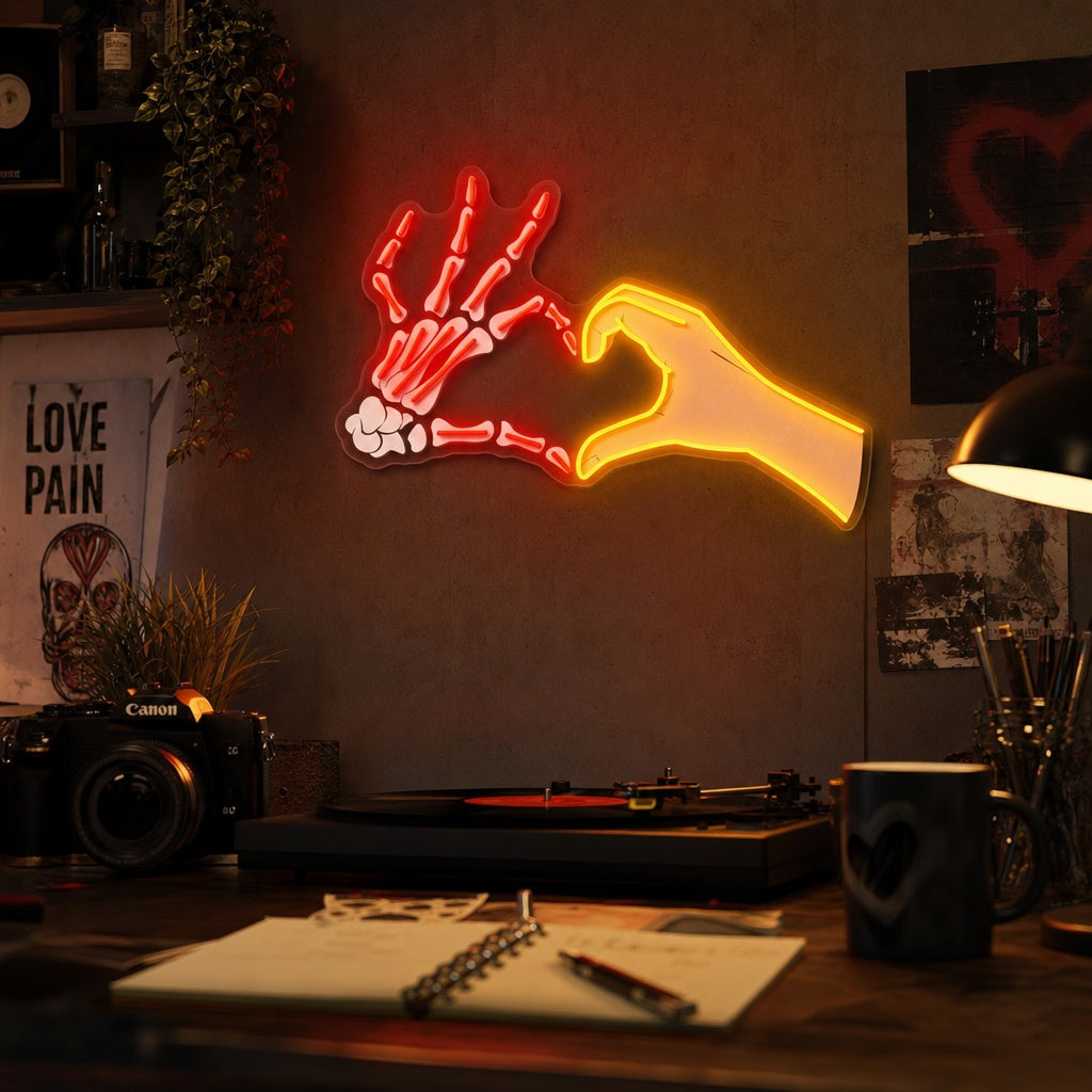 "Skalle Hand Kärlek Pose" UV-tryckt LED-neonskylt
