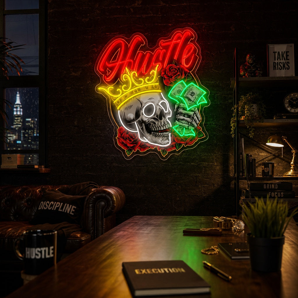 "Skalle I Kronrosor Skeleton Hand Håller Dollarsedlar" UV-tryckt LED-neonskylt