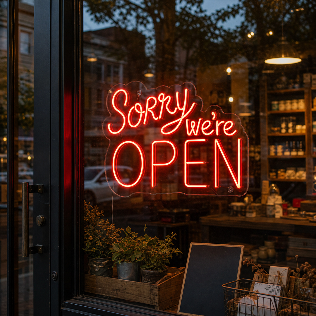 "Sorry We Are Open" Neonskylt