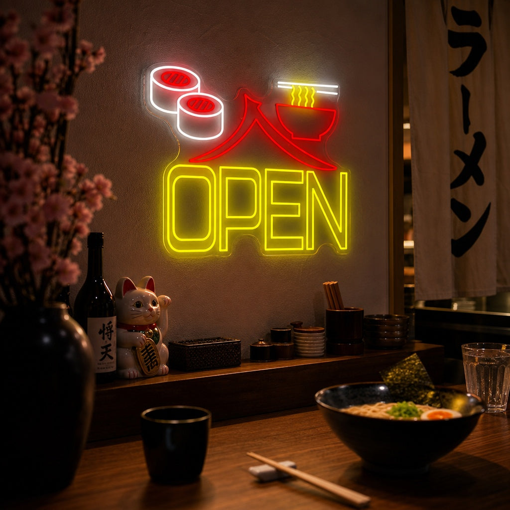 Sushi Ramen Open Neonskylt, Japansk restauranginredning