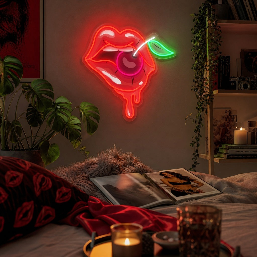 "Kvinna Läppar Med Ett Körsbär" UV-tryckt LED-neonskylt