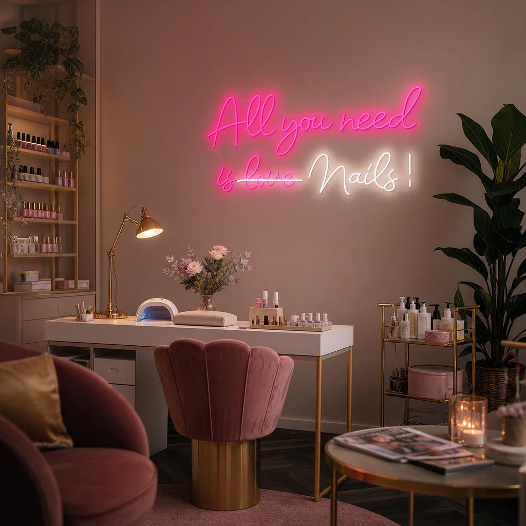 "All You Need Is Nails" Neonskylt