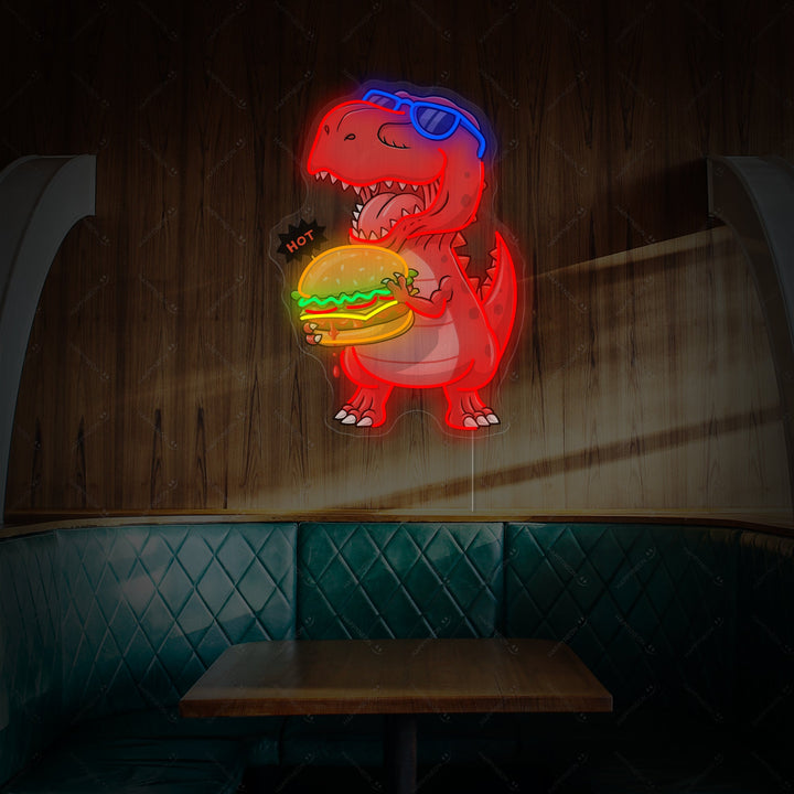 "Dinosaurie ätande hamburgare" Neonskylt