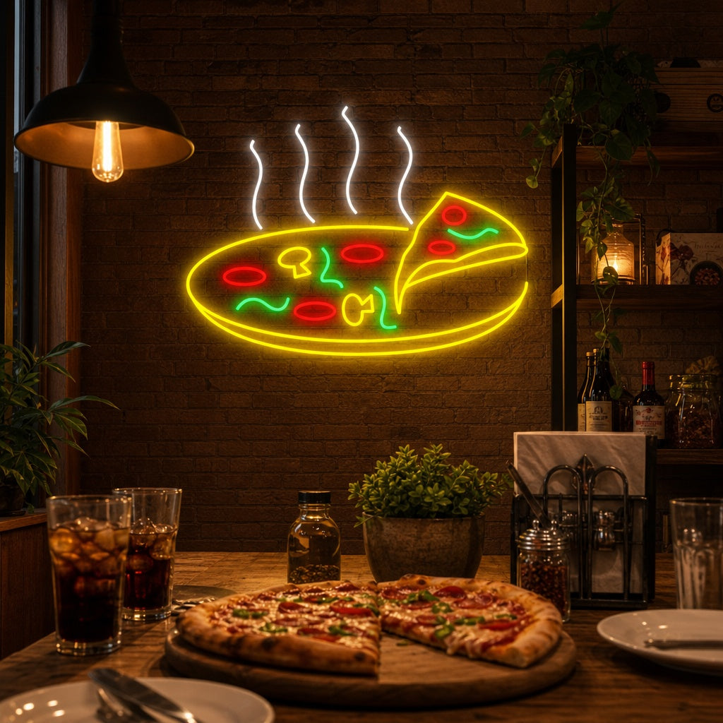 "Varm läcker pizza" Neonskylt