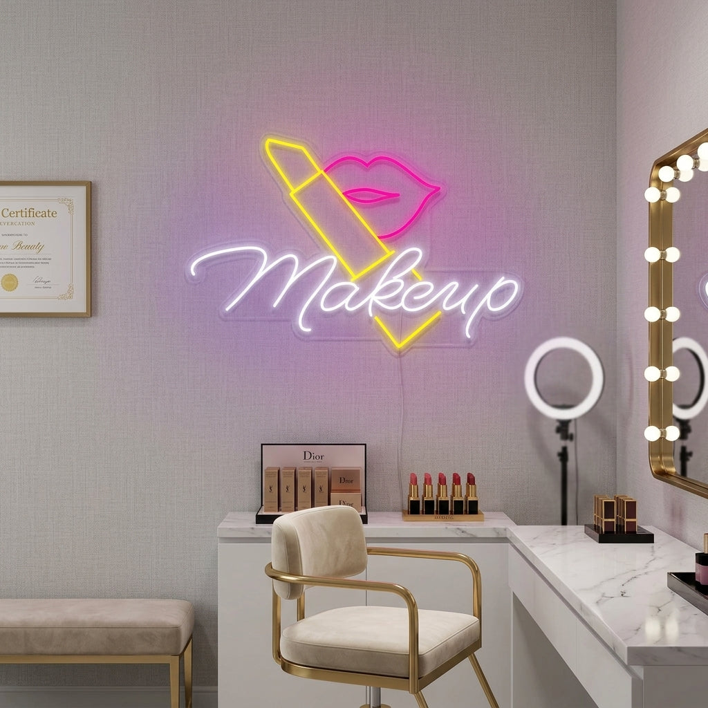 "Make up, Läppstift" Neonskylt