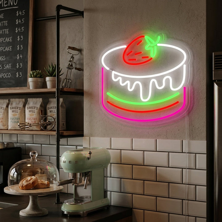 "Jordgubbstårta Café Bageri" Neonskylt