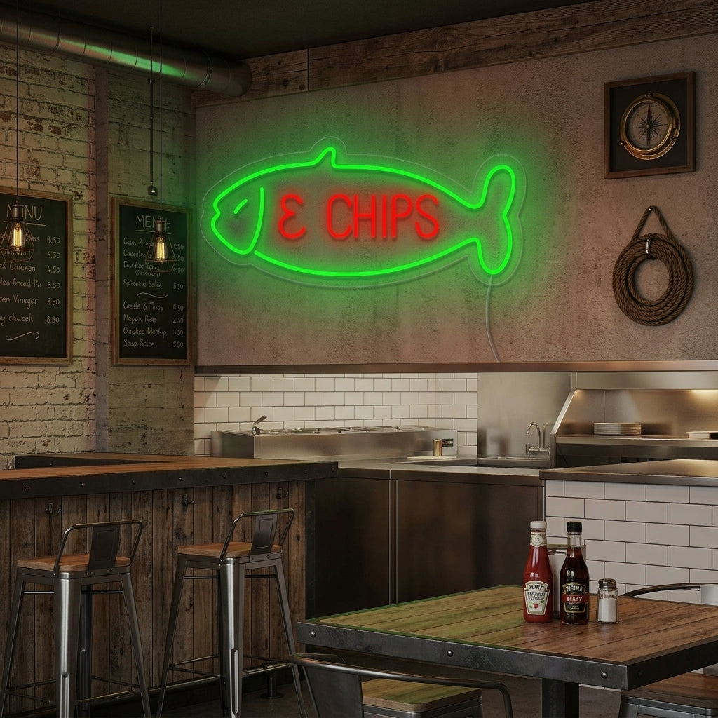 "Fish & Chips, fisk" Neonskylt