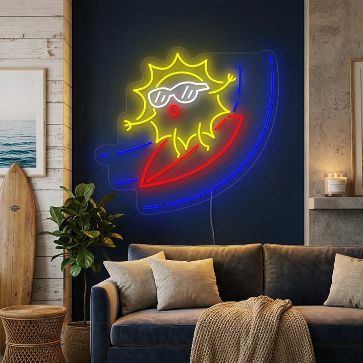 "Tecknad Sol På Surfbräda" Neonskylt