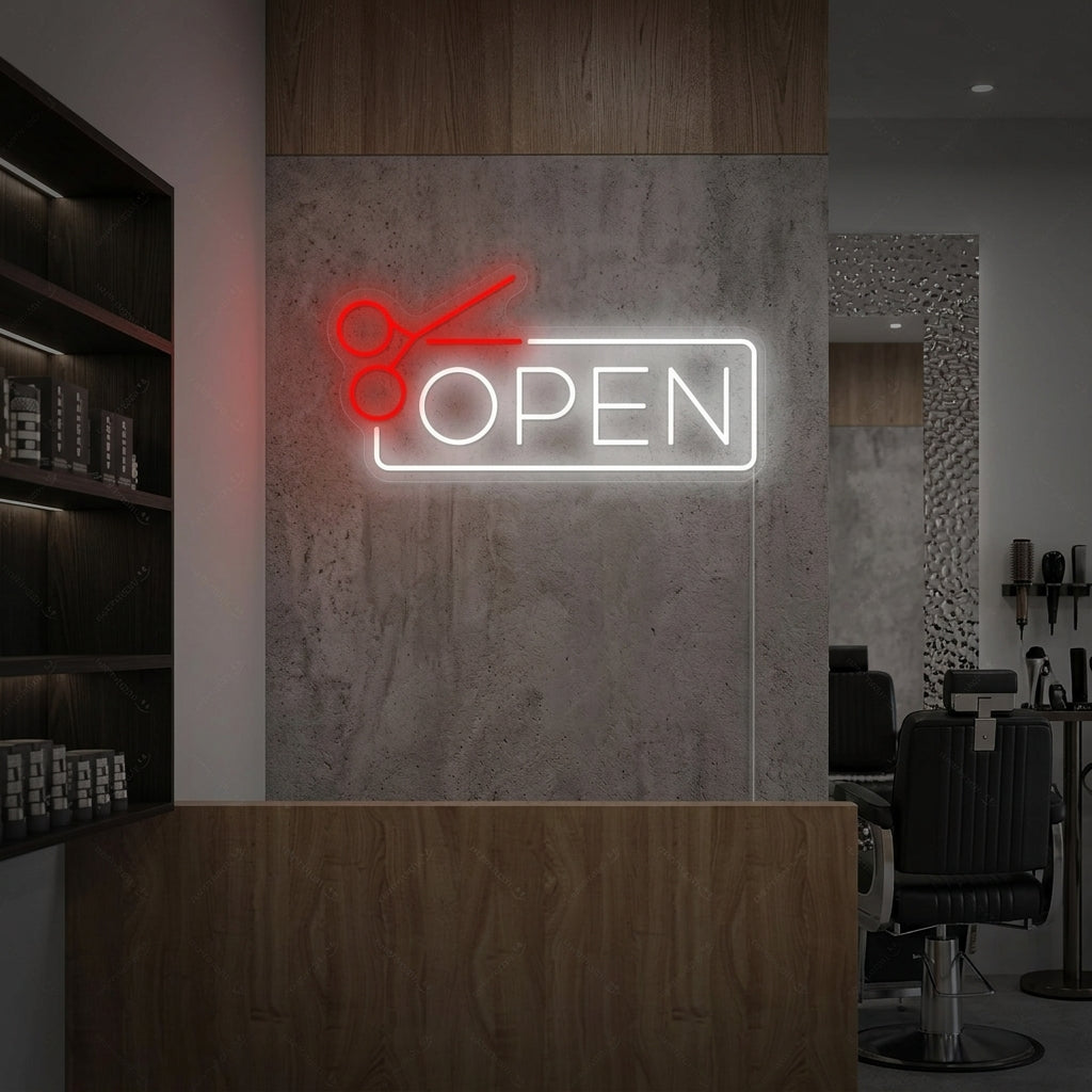 "Barbershop open" Neonskylt