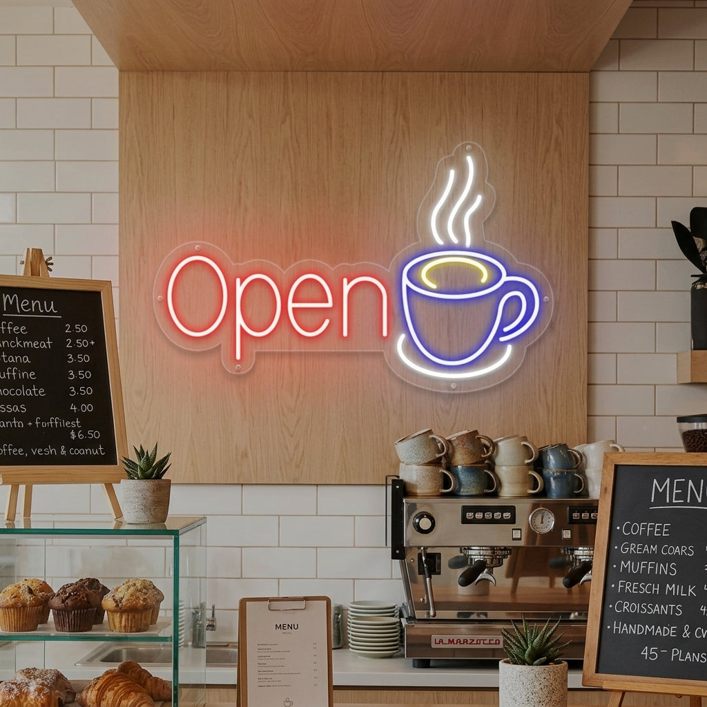 "Open, Kaffekopp" Neonskylt