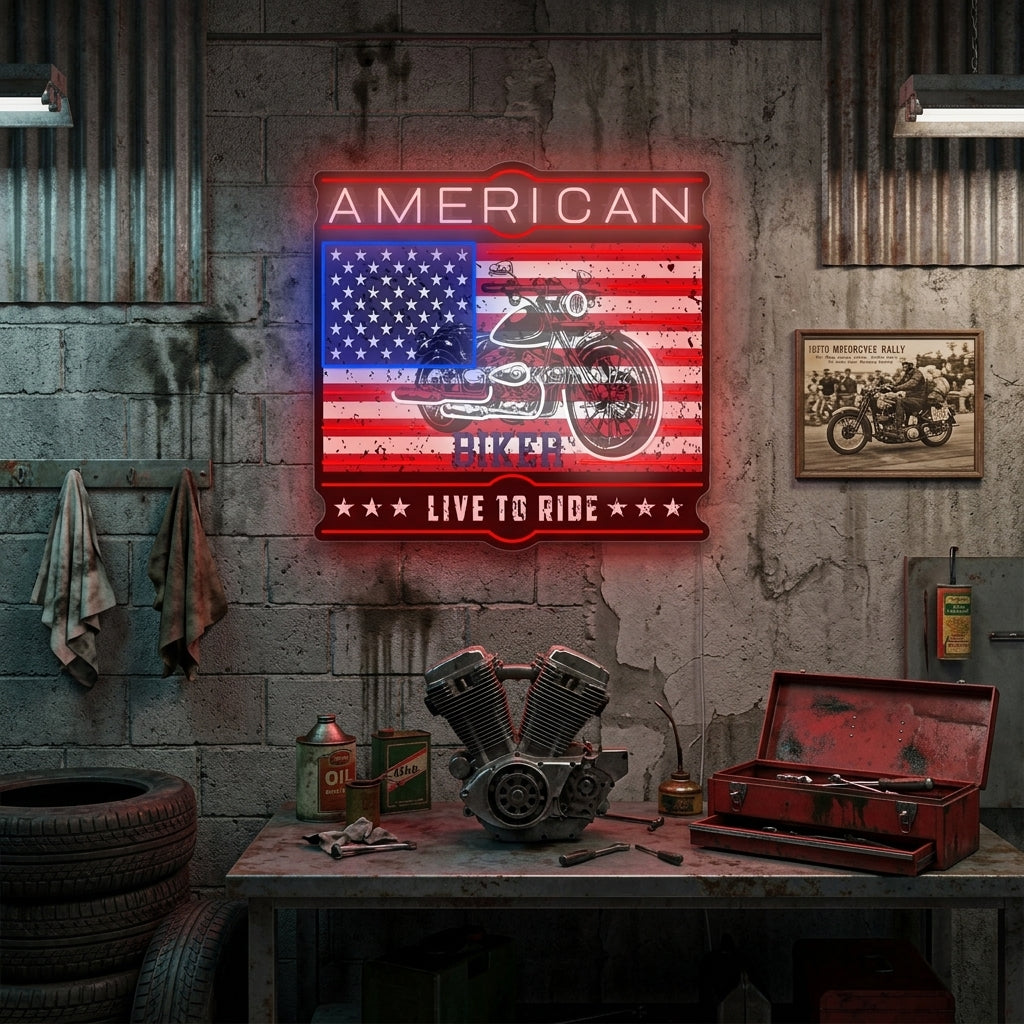 "American Biker Live To Ride" Neonskylt