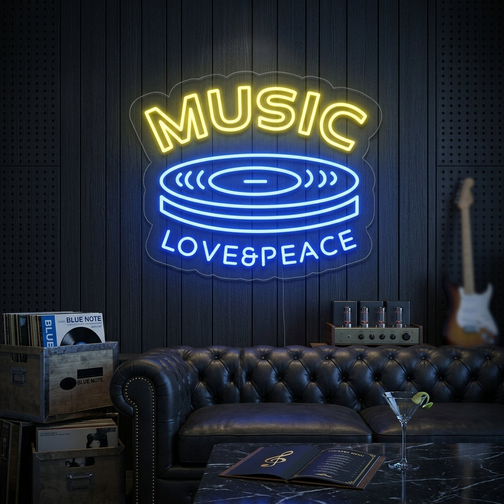 "MUSIC LOVE PEACE" Neonskylt