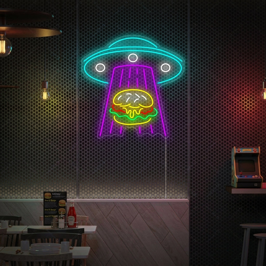 "Ufo kidnappning hamburgare" Neonskylt