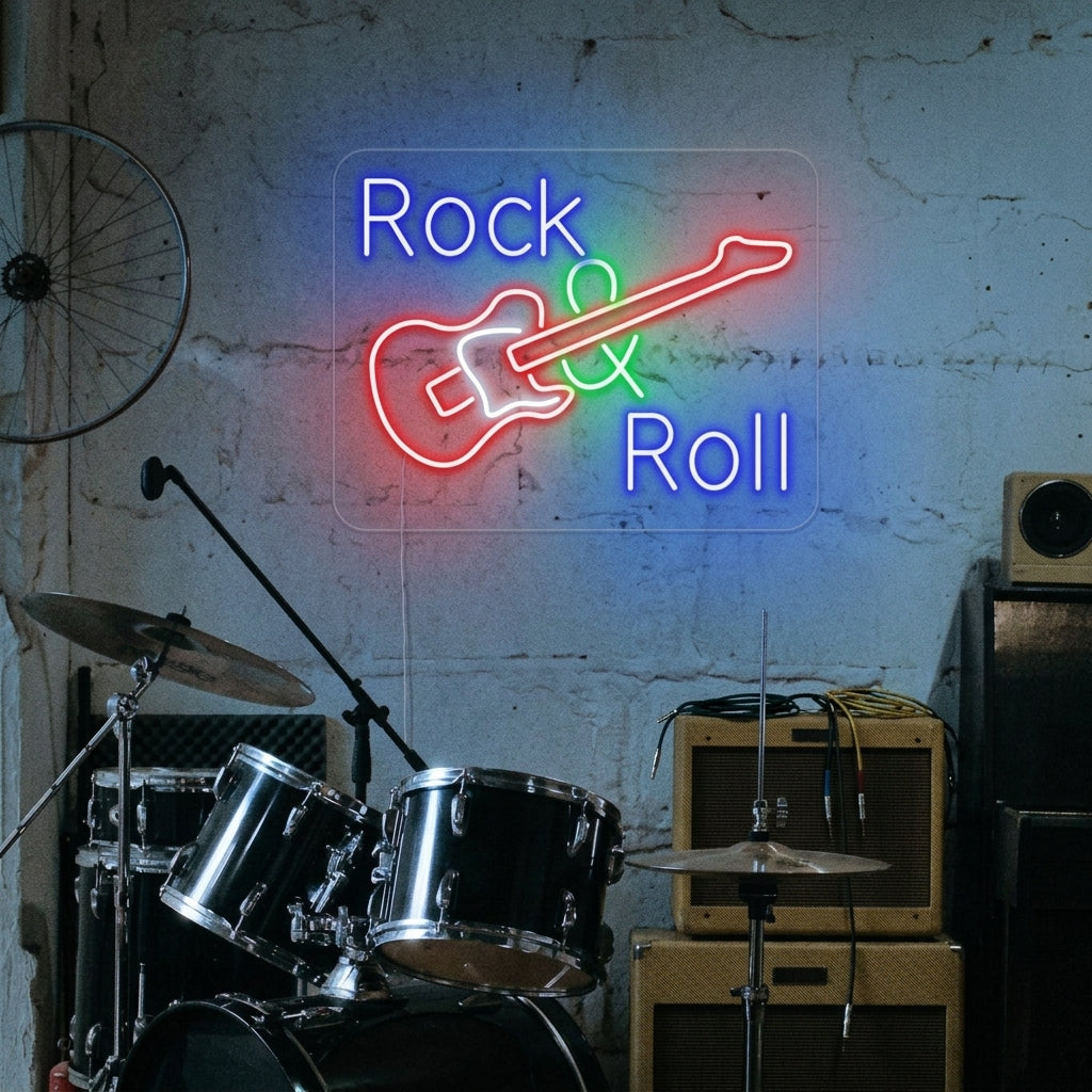 "Rock And Roll, Musik, Gitarr" Neonskylt