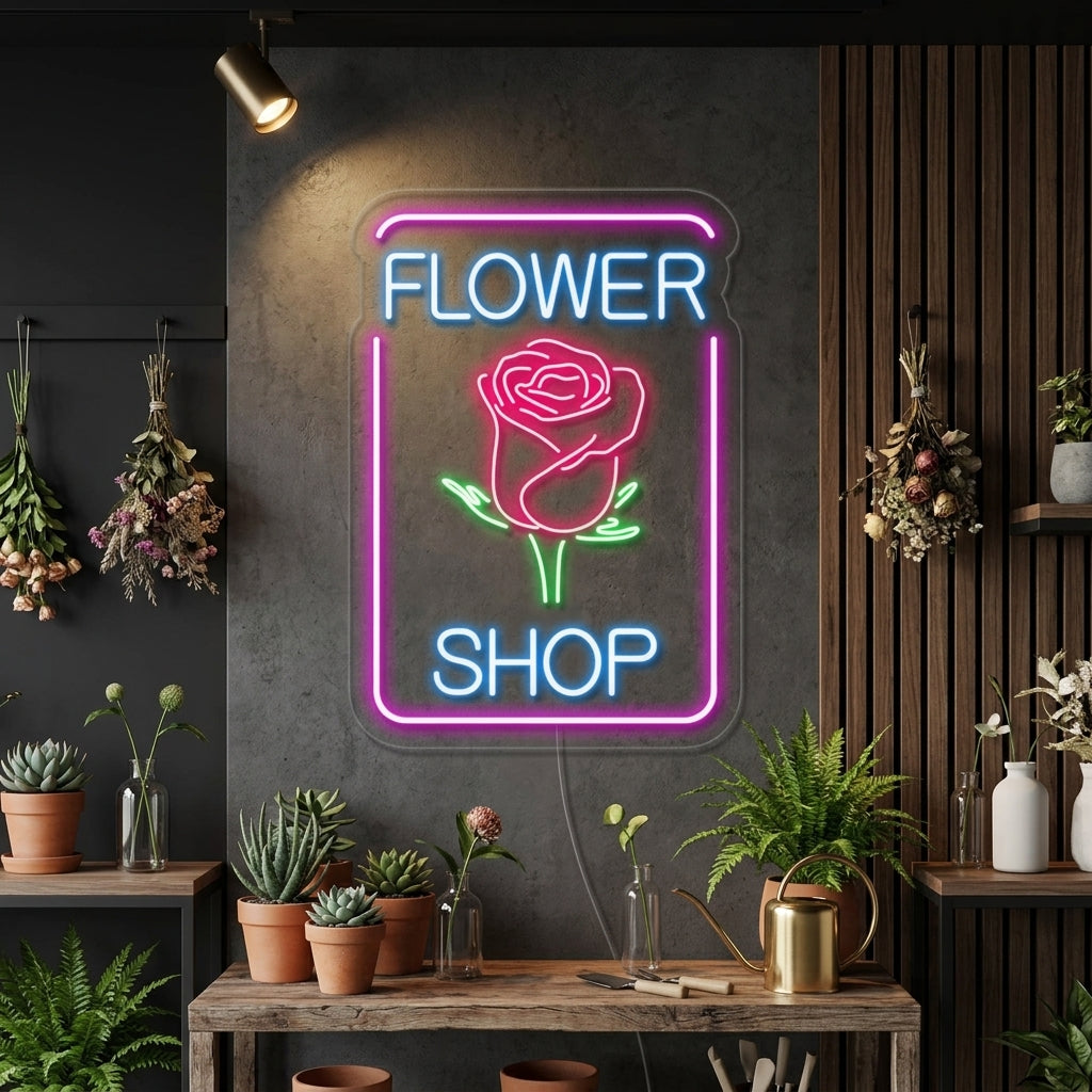 "ros, Flower Shop" Neonskylt