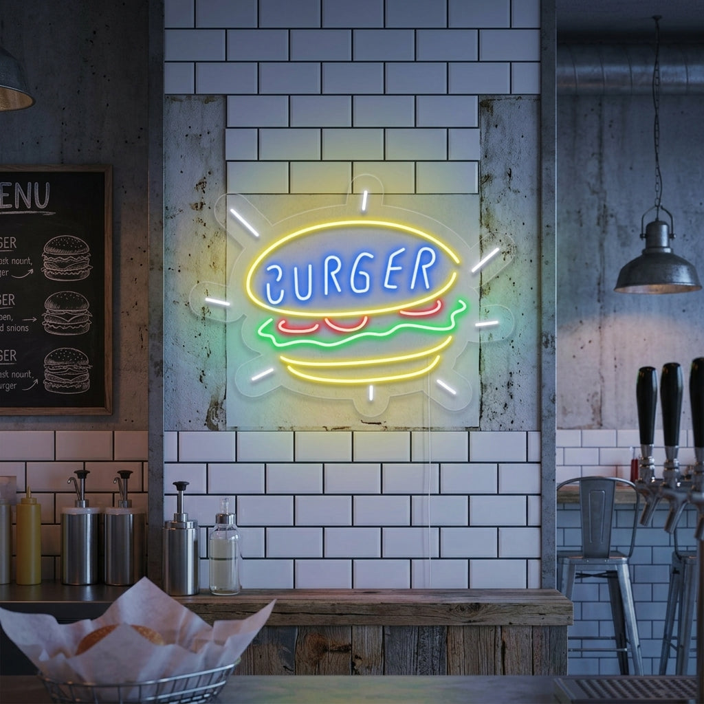 "Burger, Livsmedelsaffär" Neonskylt