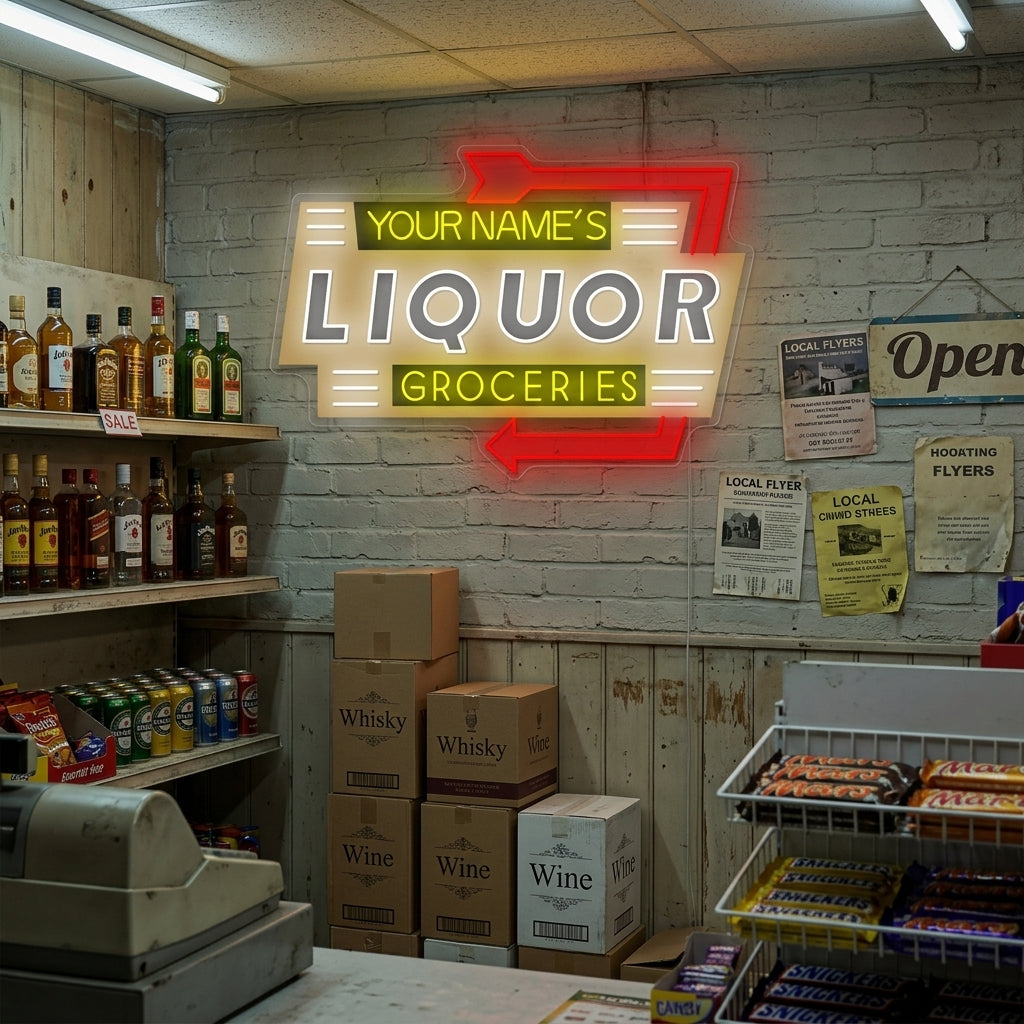 "Custom Liquor Groceries" Neonskylt