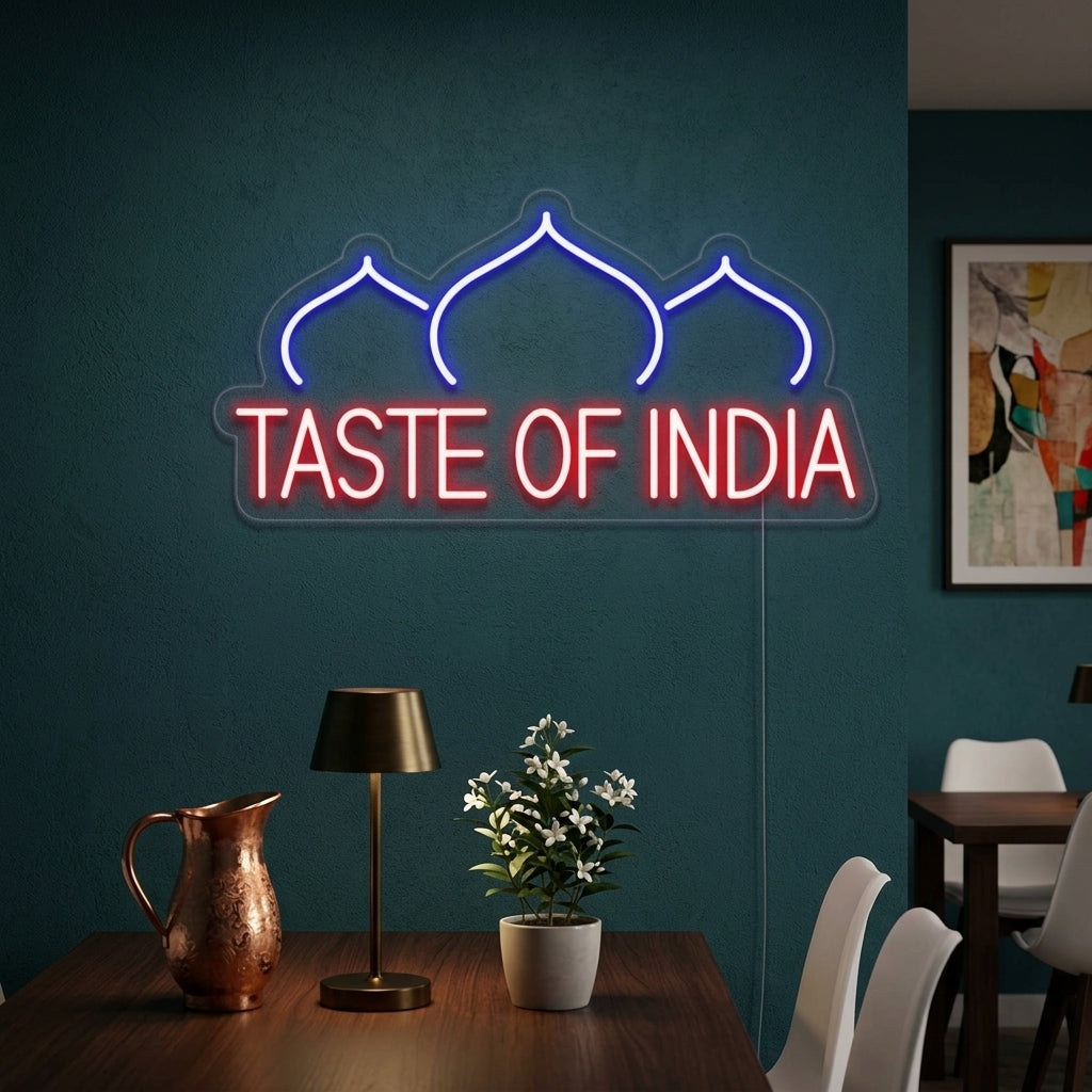 "TASTE OF INDIA, Restaurang, lök" Neonskylt