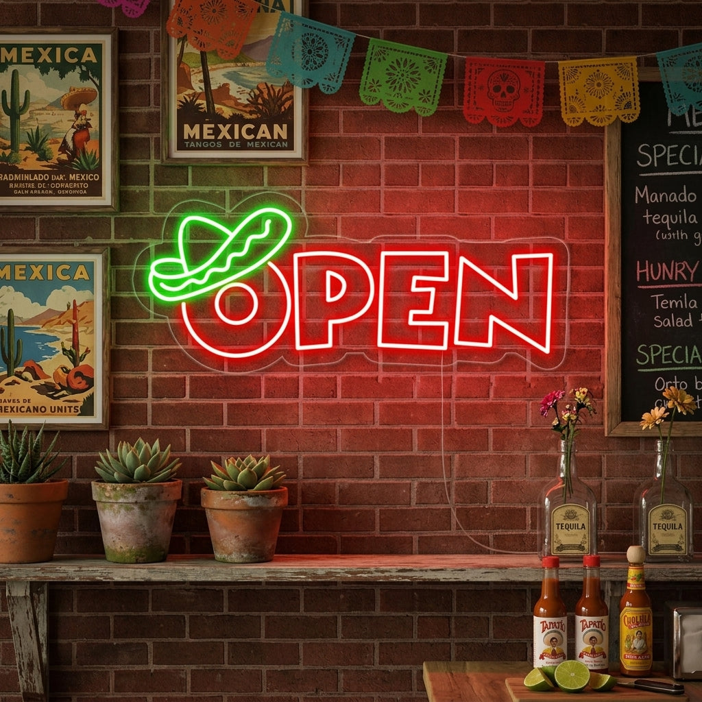 "open, Mexikansk mat" Neonskylt