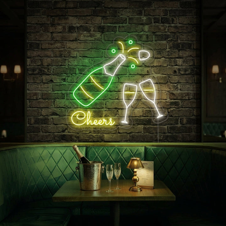 "Champagneflaska, Champagneglas, Cheers" Neonskylt