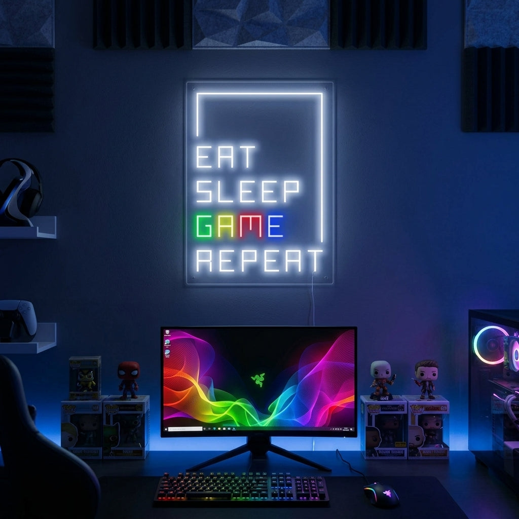 "Eat Sleep Game Repeat, Gamer Dekor" Neonskylt