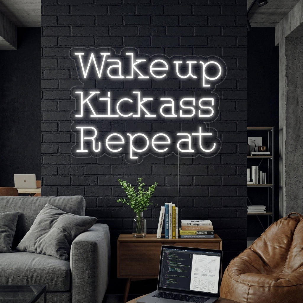 "Wake Up Kick Ass Repeat" Neonskylt