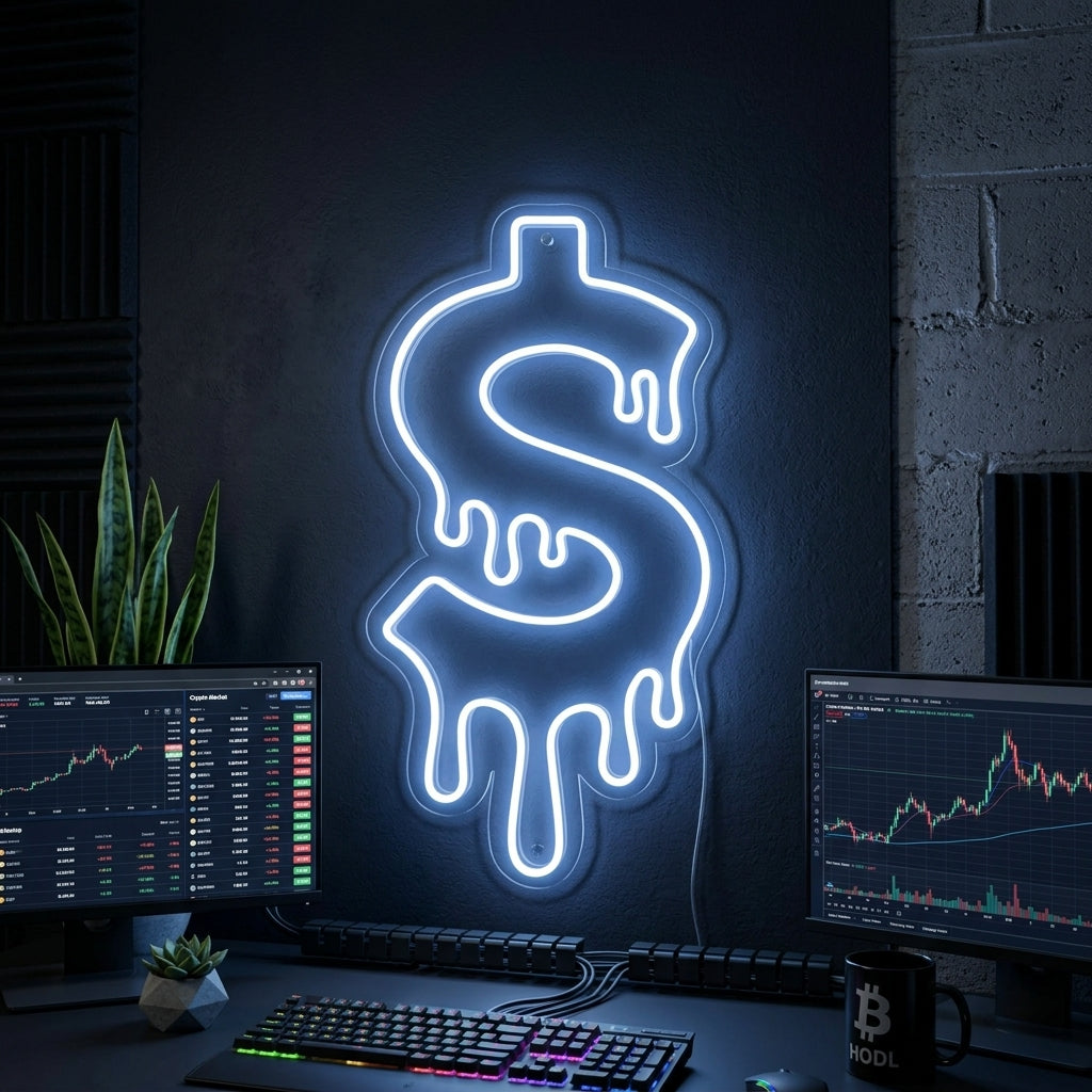 "Droppande Dollartecken" Neonskylt