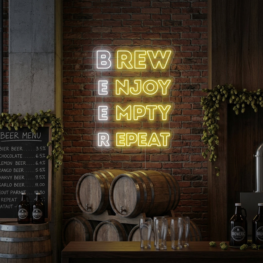 "Brew Enjoy Empty Repeat Beer Bar" Neonskylt