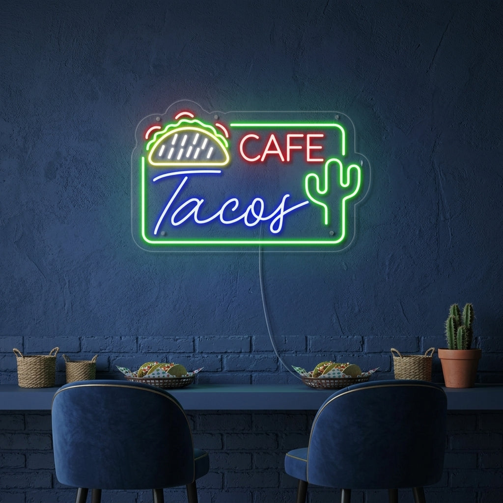 "CAFE TACOS, Mexikansk mat" Neonskylt