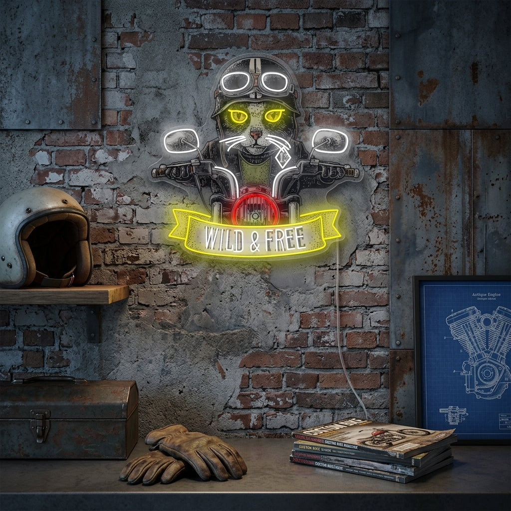 "Katt Och Motorcykel" Neonskylt