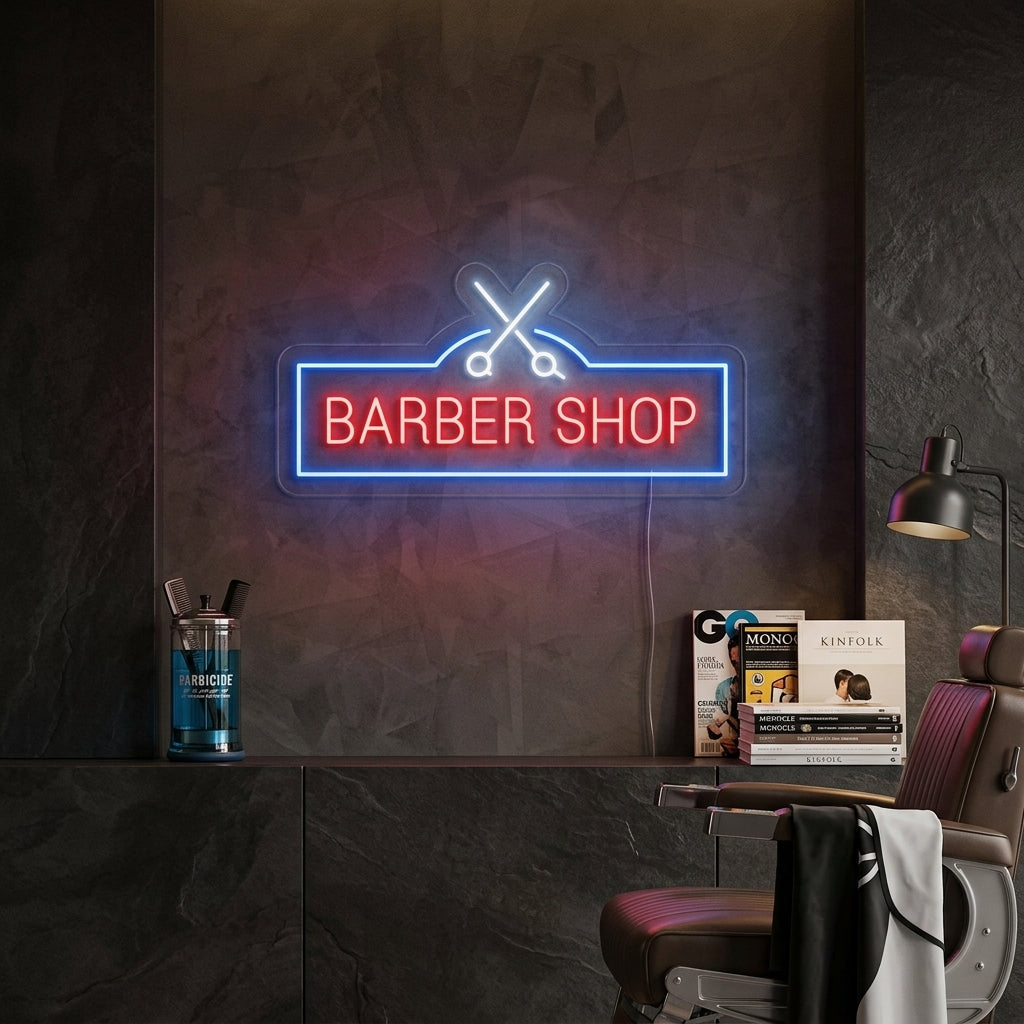 "Barber Shop, Frisör Saxar" Neonskylt