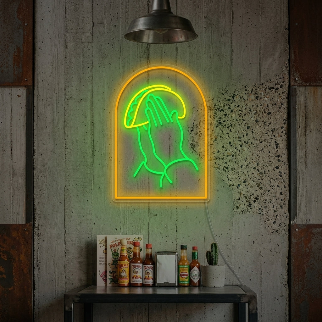 "Bedjande händer med tacos" Neonskylt