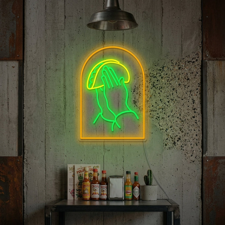 "Bedjande händer med tacos" Neonskylt