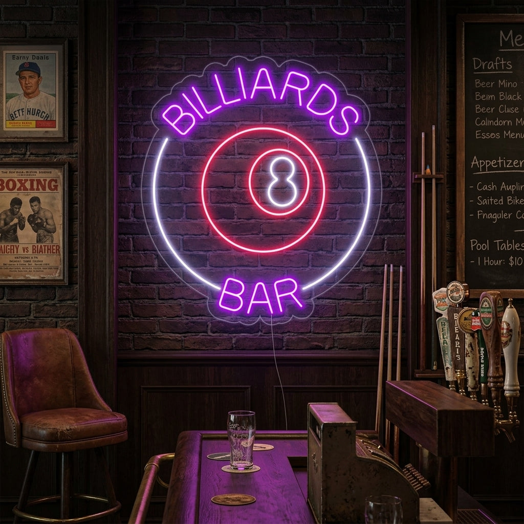 "Billiards 8 Bar, Biljardbar Logotyp" Neonskylt
