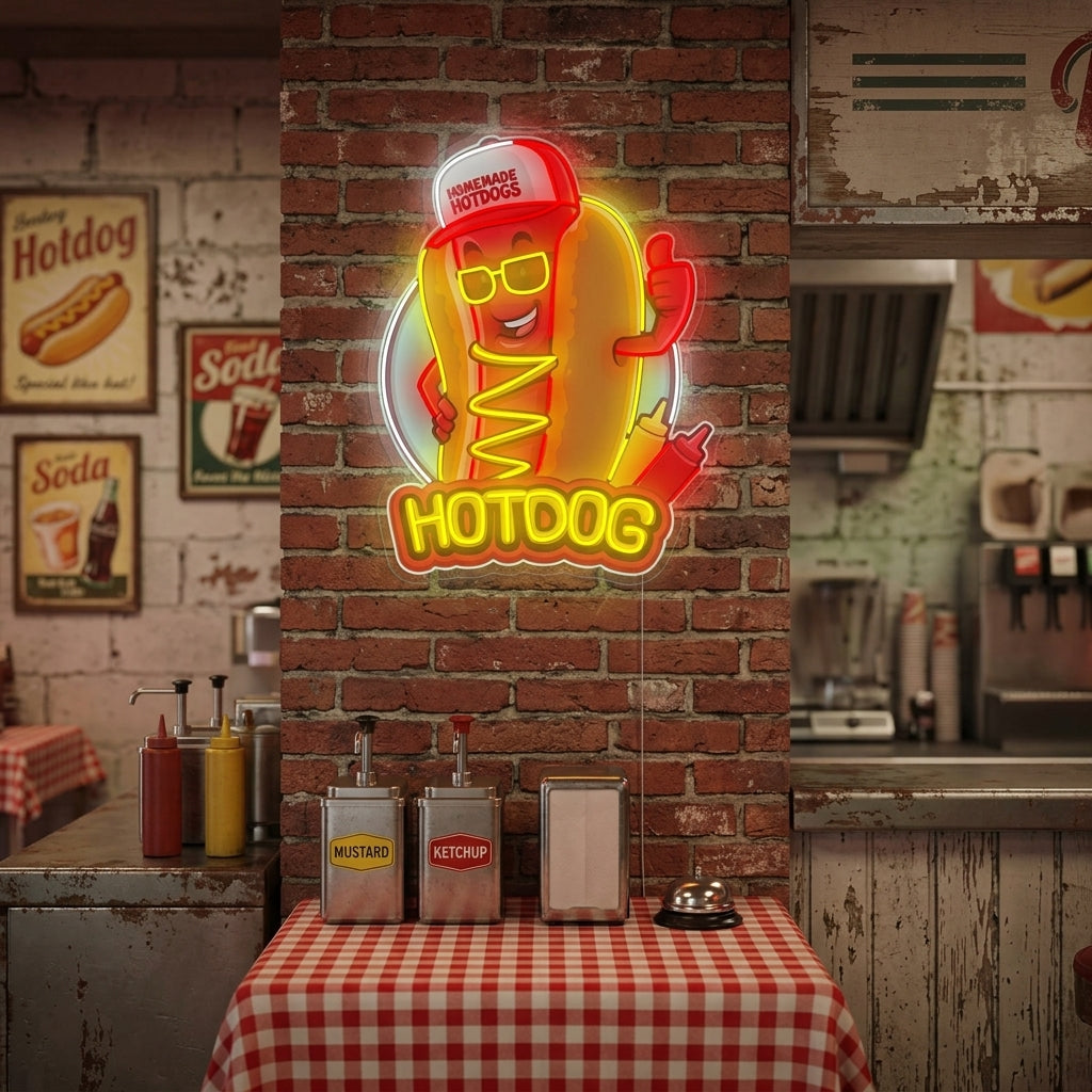 "Hotdog maskot" Neonskylt