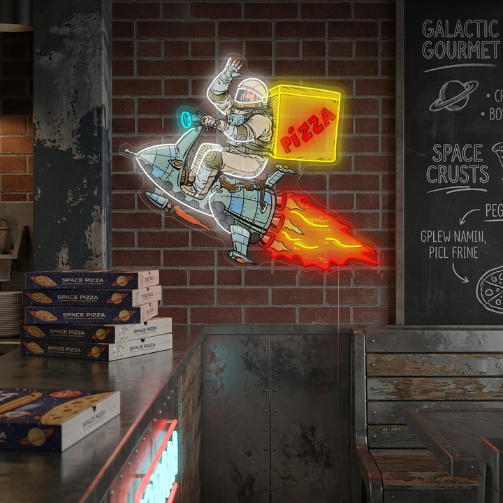 "Astronaut levererar pizza" Neonskylt