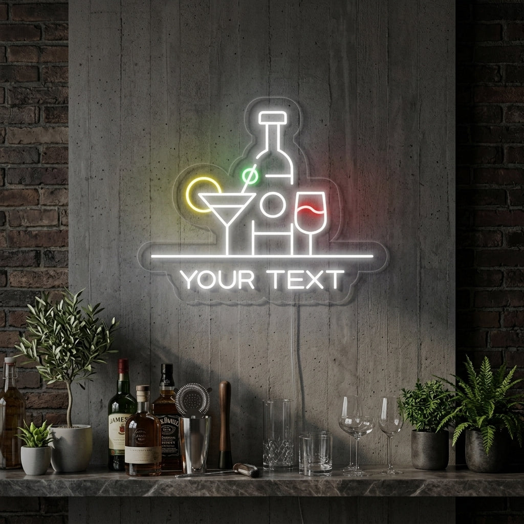 "Flaskor, Cocktails, Bar" Neonskylt