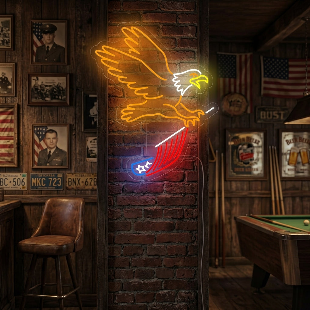 "Örn Som Flyger Och Bär USA Flagga" Neonskylt