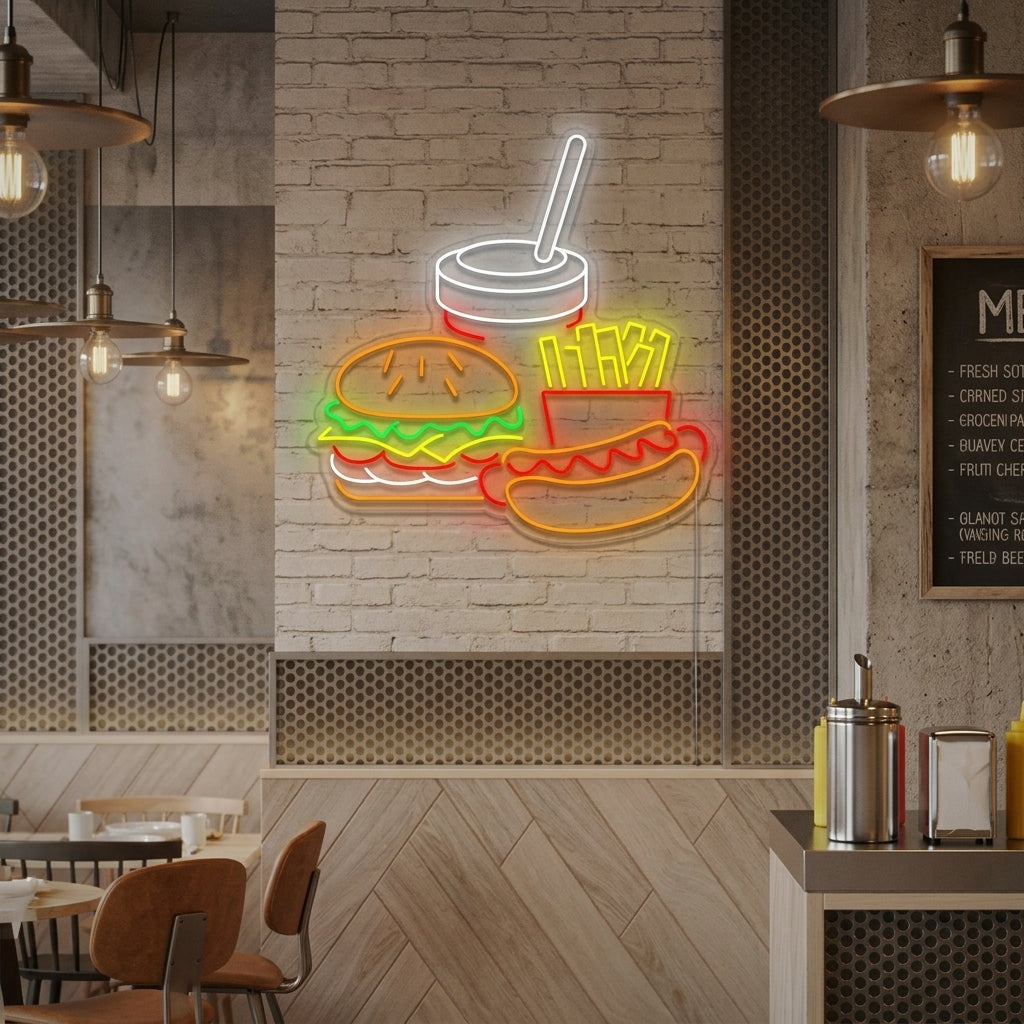 "Varmkorv och pommes frites" Neonskylt