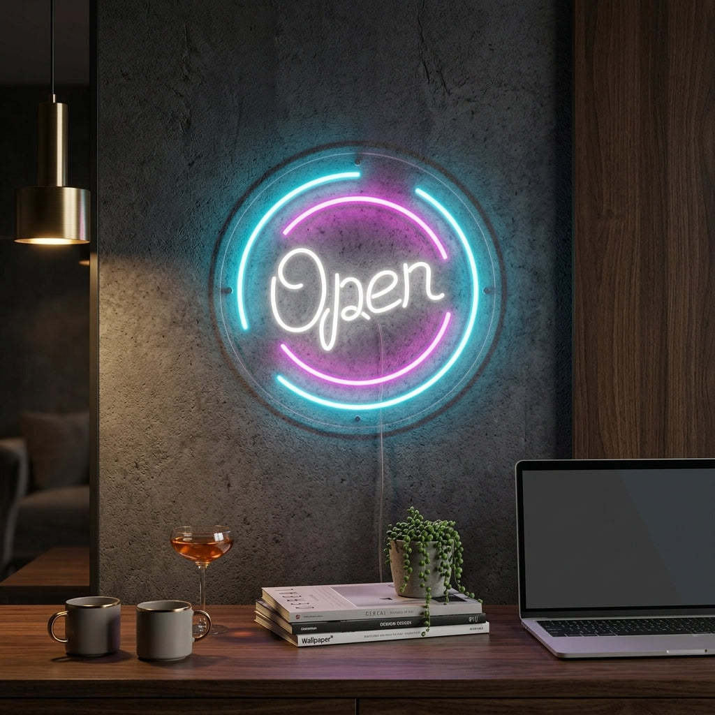 "Bokstäver Open I Cirklar" Neonskylt
