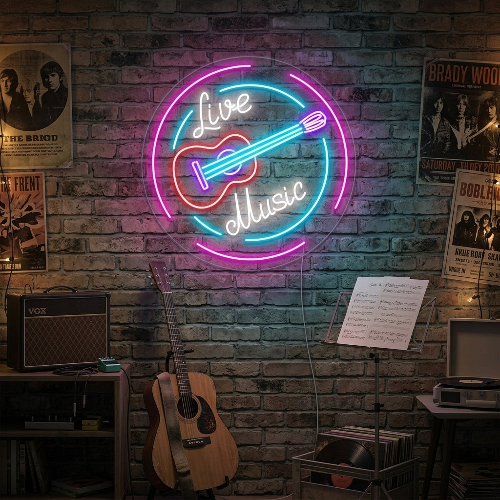 "Live Music, gitarrer" Neonskylt