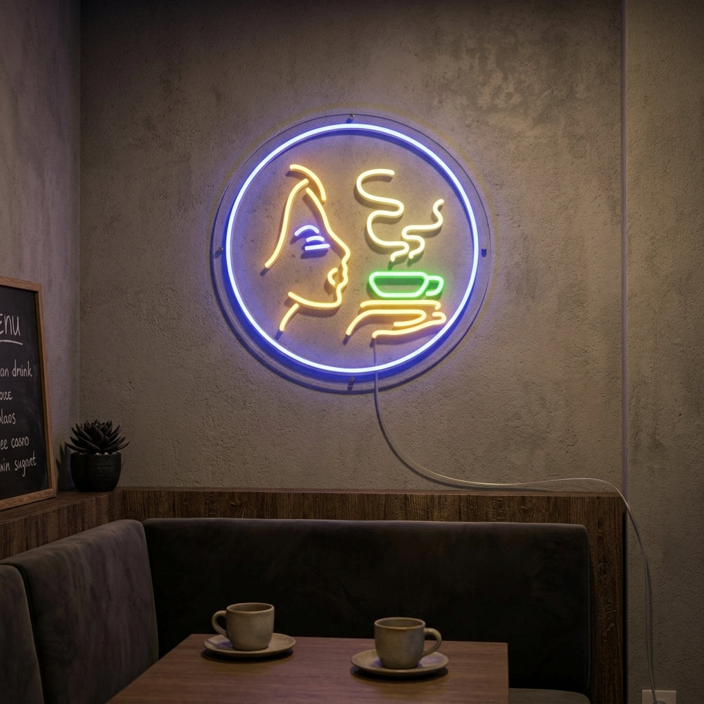 "Flicka, Varmt Kaffe" Neonskylt