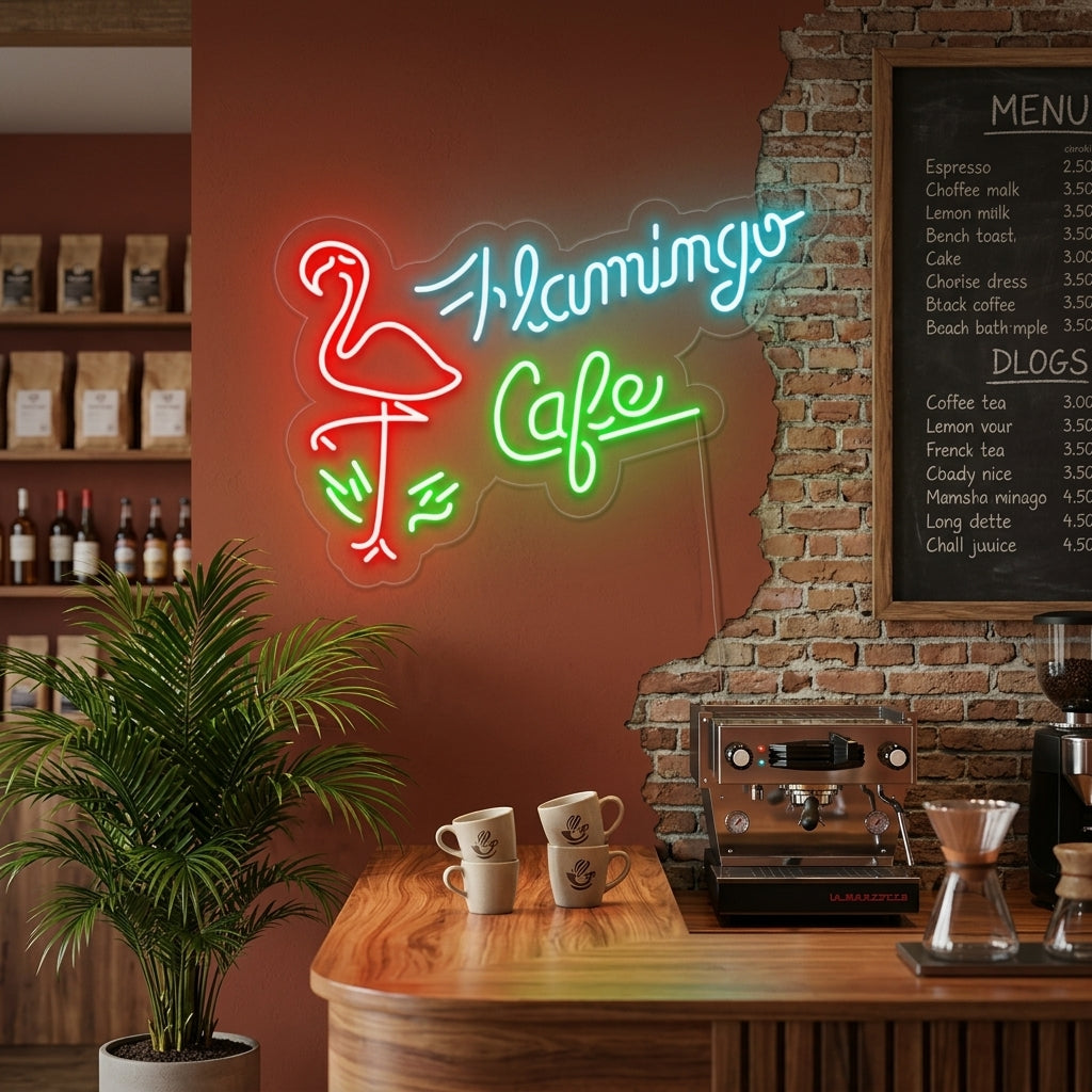 "Flamingo Cafe, Affär" Neonskylt