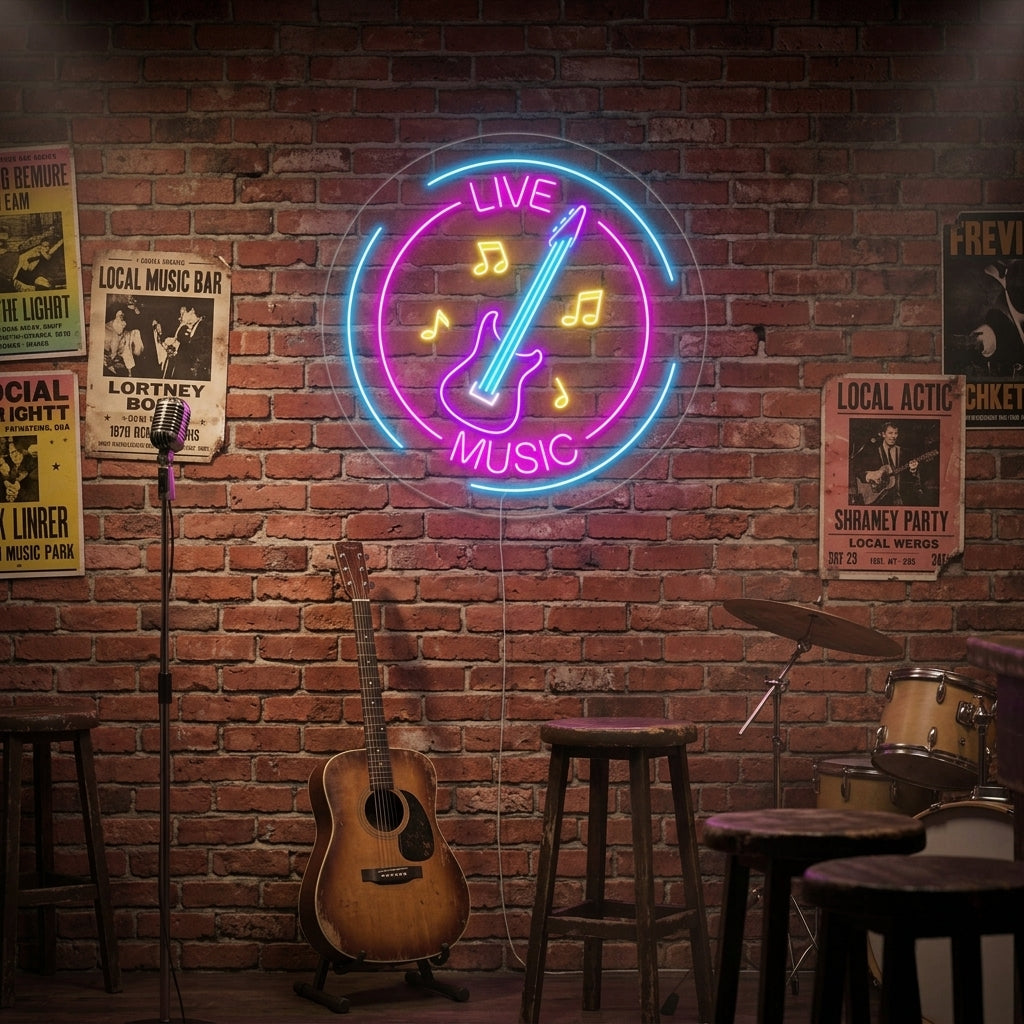 "Live Music, Musiknoter, Gitarr" Neonskylt