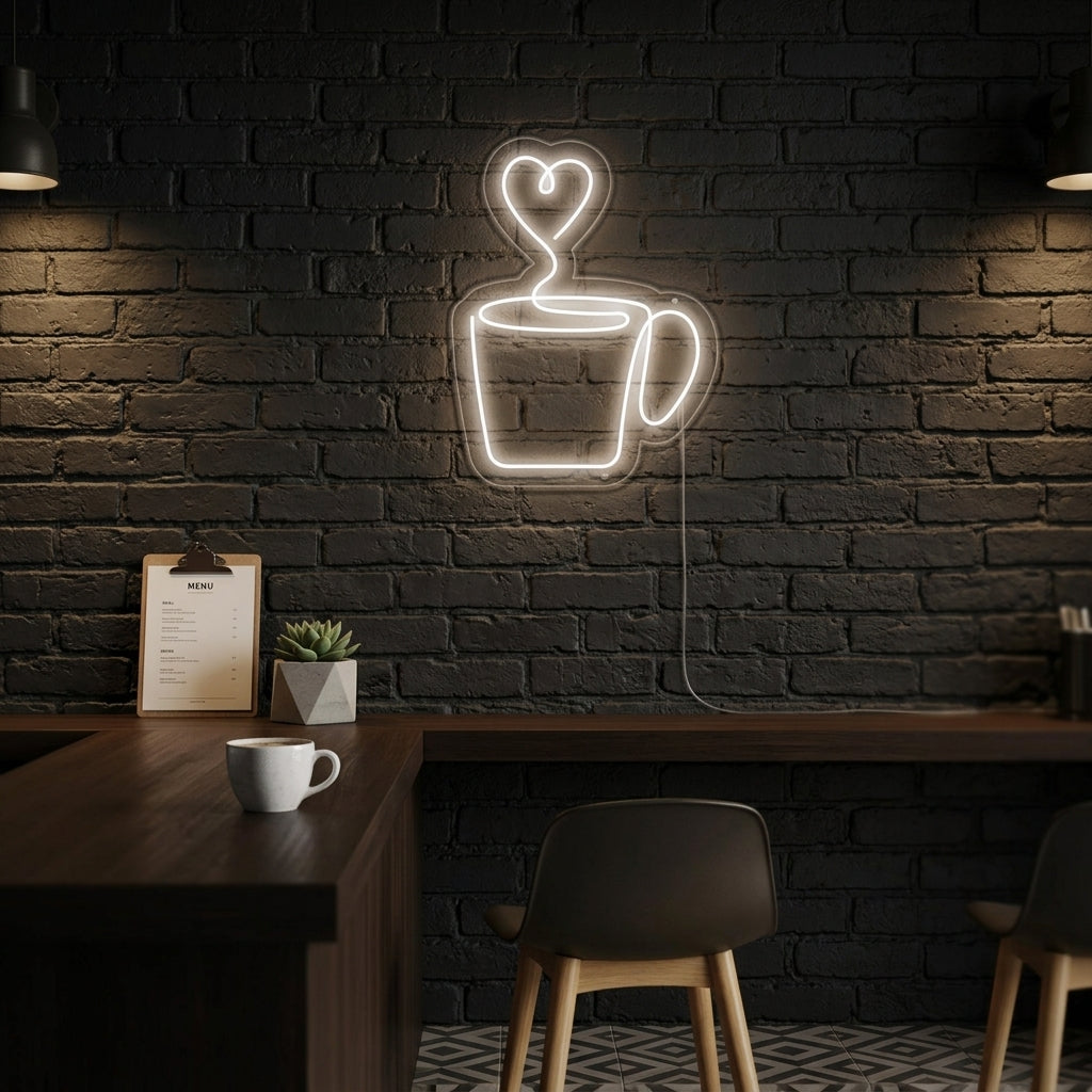 "Hjärtformad, Kaffekopp" Neonskylt
