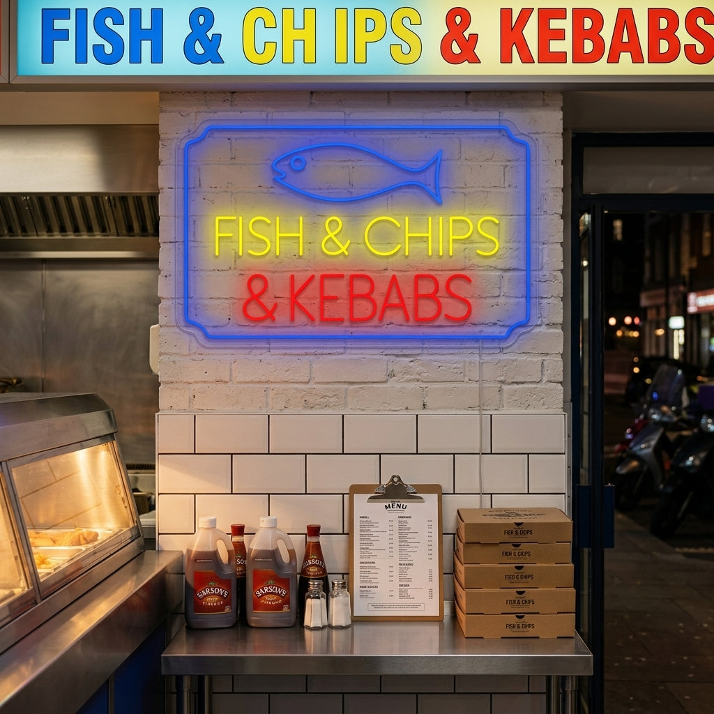 "Fish Chips Kebabs" Neonskylt