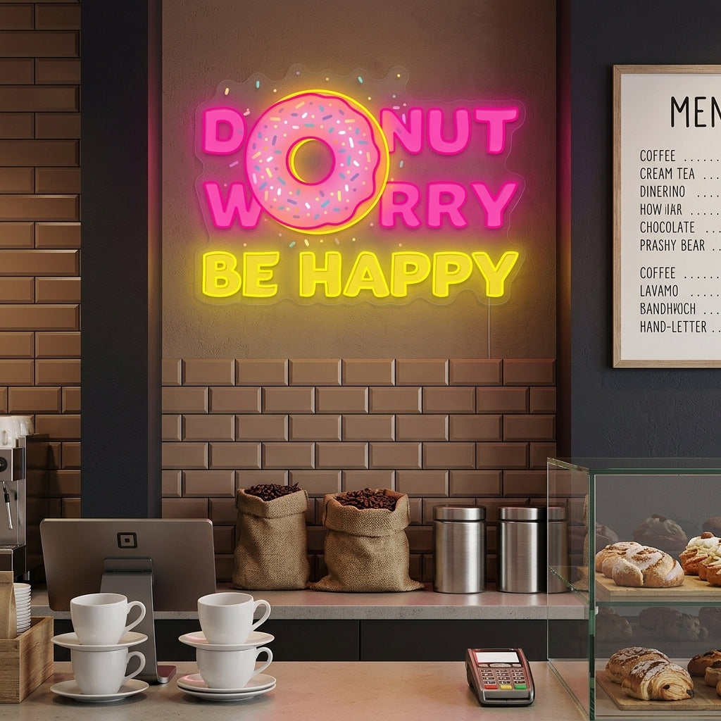 "Donut Do Not Worry Be Happy" Neonskylt