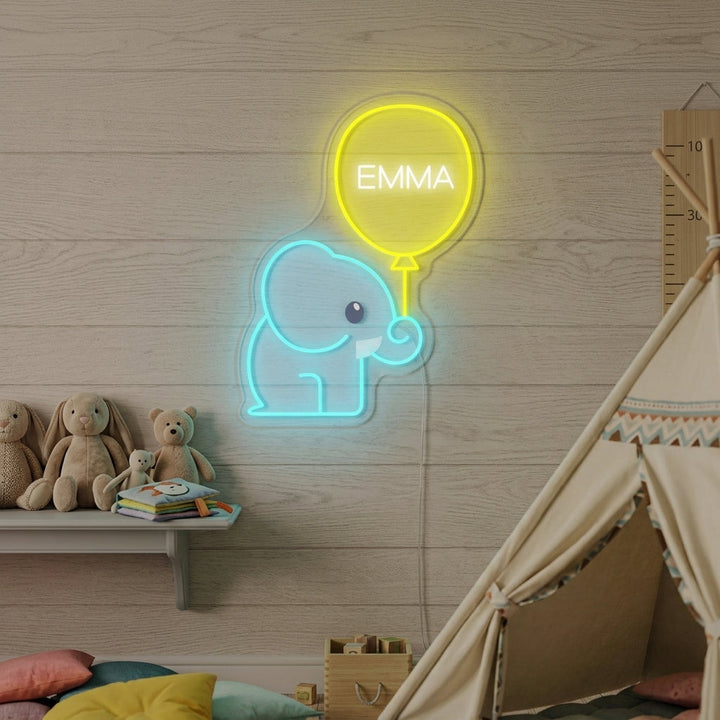 "Anpassat Namn Med Elefant Och Ballong, Dekor För Barnrum" Neonskylt