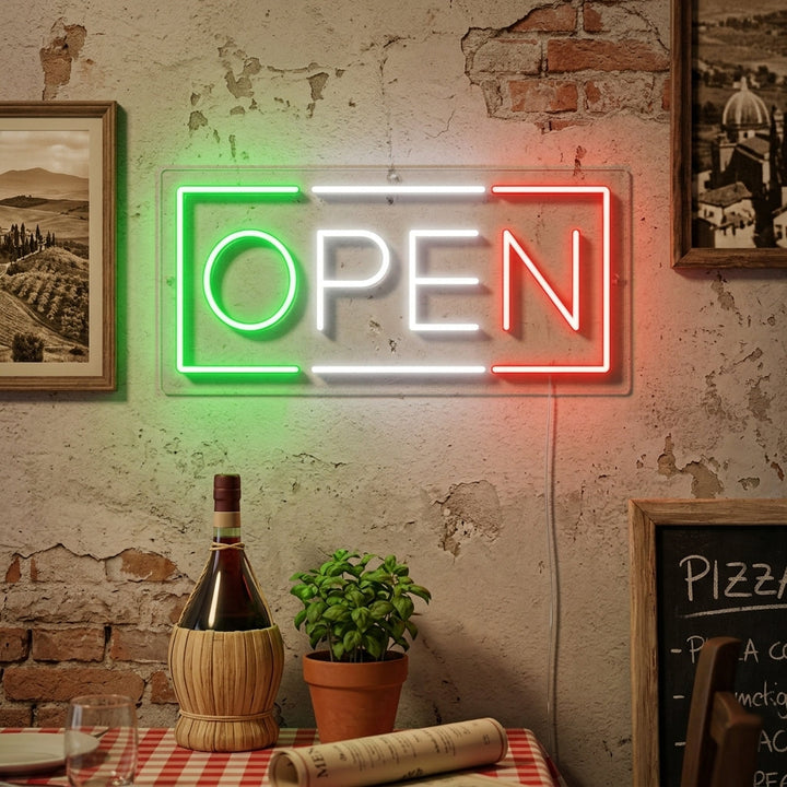 "open, Italiensk restaurang" Neonskylt